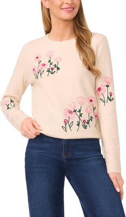 CeCe by Cynthia Steffe Flower Embroidery Crewneck Sweater in Birch at Nordstrom Rack, Size Xx-Large