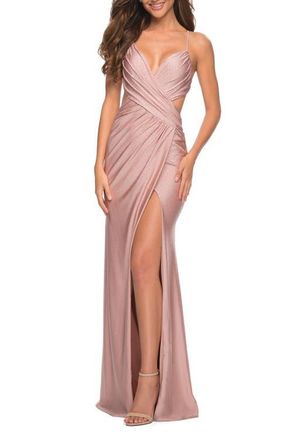 La Femme Ruched Long Gown with Criss-Cross Style Bodice in Mauve at Nordstrom, Size 8