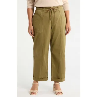 Wit & Wisdom Ultra Skyrise Relaxed Drawstring Waist Stretch Cotton Pants in Golden Olive at Nordstrom, Size 16W
