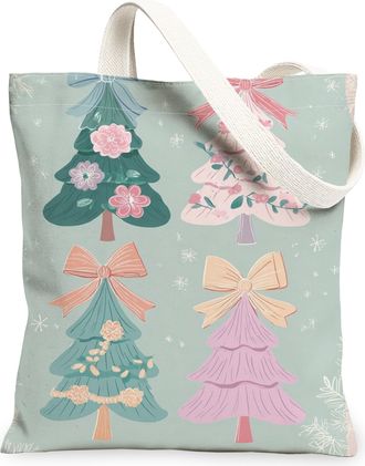 Generic Christmas Trees Canvas Tote Bags, Holiday Floral Design Reusable Grocery Bags, Vintage Lightweight Washable Shoulder Strap, Green, 13x15 Inch
