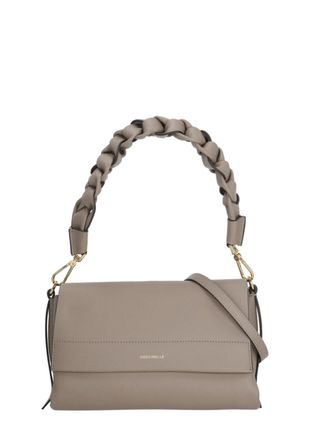 Coccinelle Small Beige Leather Shoulder Bag with Woven Handle and Magnetic Closure