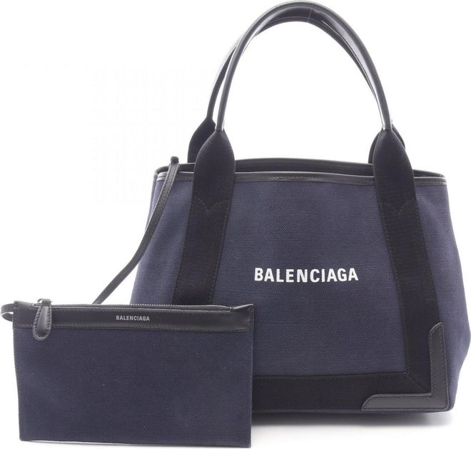 Black Navy Canvas Leather Pouch Tote Bag (Pre-Owned)