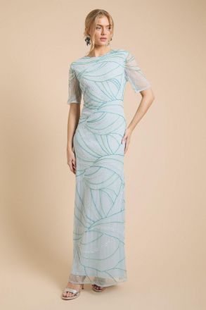Oasis Womens Linear Embellished Angel Sleeve Maxi Dress - Blue - Size 12 UK