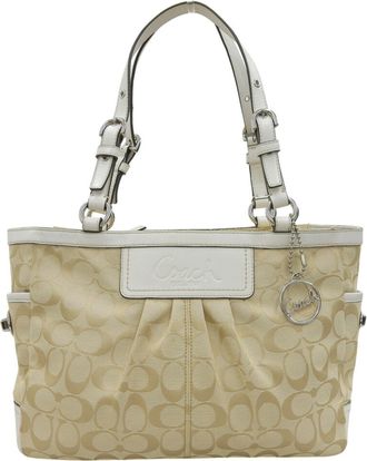Coach Beige White Signature Line Handbag Tote Bag (Pre-Owned)