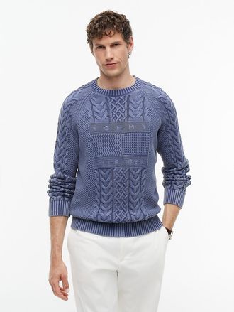 Tommy Hilfiger Mens Indigo Flag Logo Cable Knit Sweater - Faded Indigo - XXL