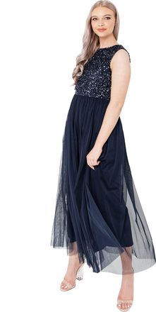 Maya Womens Midaxi Dress Ladies Sleeveless Sequins High Empire Waist Tulle Embellished for Wedding Guest Ball Bridesmaid, Navy, 14