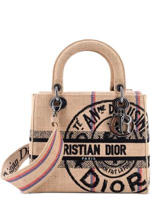 Dior Borsa a tracolla Lady D-Lite media in rafia con ricamo - Marrone