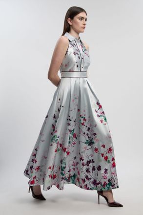 Karen Millen Womens Scattered Floral Twill Collared Woven Maxi Dress - Silver - Size 10 UK