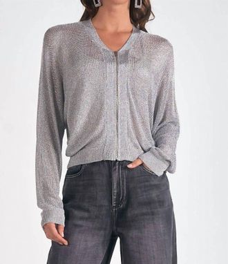 Elan Womens Metallic Zip Up Cardigan In Silver