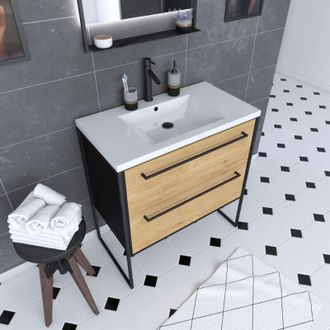 Aurlane Aurlane - Mueble De Ba&ntilde;o 80 Con Cajones Acabado Roble Y Negro - Lavabo Blanco En Resina - Structura