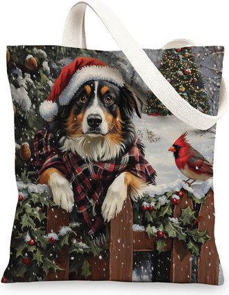 Generic Christmas Australian Shepherd Dog Canvas Tote Bag for Shopping 13x15, Xmas Farm Cardinal Puppy Reusable Grocery Print Bag for Women Men, Holiday Pet A