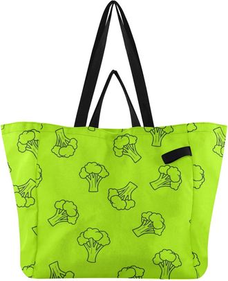 Generic Broccoli Vegetable Green pattern Reusable Canvas Tote Bag, Heavy Duty Grocery Shopping Bag with Large Capacity Hard Bottom Double Handles Work Groceri