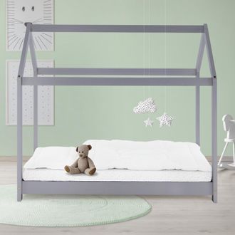 ML Design Ml-design - Cama Infantil 80x160cm Con Techo Y Somier Estructura Listones De Madera De Pino Maciza Gris Claro Forma De Casita Dise&ntilde;o Creativo Mueble D