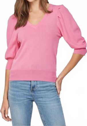 Fate Puff Sleeve V-Neck Sweater In Hot Pink