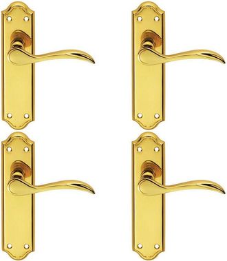 Loops 4x PAIR Curved Door Handle Lever on Latch Backplate 180 x 45mm Polished Brass