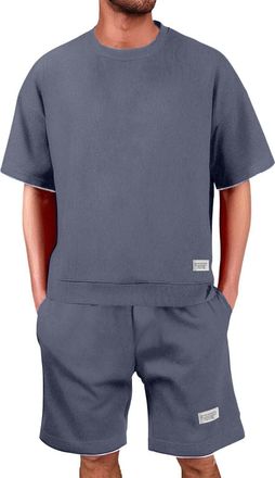 Generic Tracksuit Mens Full Set Outfits Tracksuit Suit Set 2 Piece Crew Neck Shirt & Short Lapel Activewear Sweatsuits Athletic Jumper Drawstring Jogging Shor