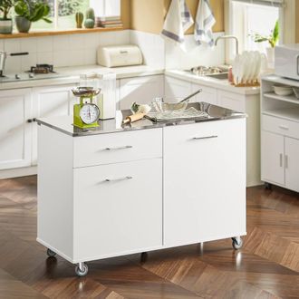 SoBuy Mobile Kitchen Island - Stainless Steel Top in White