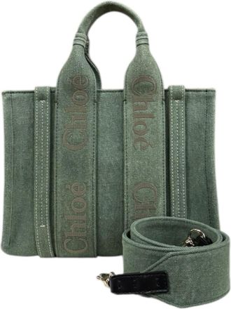 Chlo&eacute; Green Khaki Cotton Linen Shoulder Bag Tote Bag (Pre-Owned)