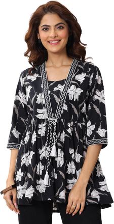 Libas Womens Printed Cotton Anarkali Kurti for Women, Black, XL