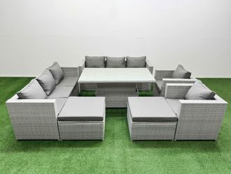 Fimous 7 PCs Rising Dining Table Set Rattan Furniture Set with 3 Seater Sofa in Light Grey