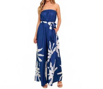 Flying Tomato Tropical Strapless Wide Leg Jumpsuit In Navy