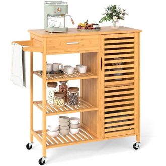 Costway Carrello da Cucina in Bamb&ugrave;, Mobile Cucina con Ruote Cassetto, 3 Ripiani Aperti, Armadietto, Portasalviette, Carrello da Portata per Sala da