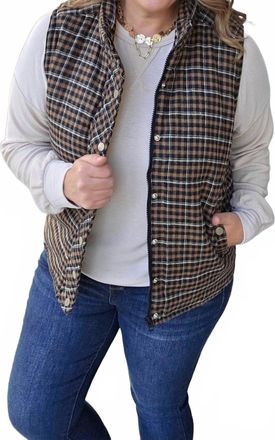 Staccato Plaid Snap Zipper Vest In Taupe Black