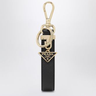 Prada Black Saffiano leather keyring with triangle logo