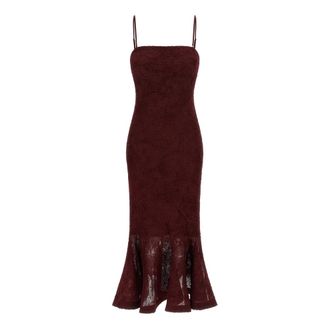 Rotate Jurk met bloemenmesh en ruches - Dames - Avondkleed - Rood - M - Polyester - Kleedjes