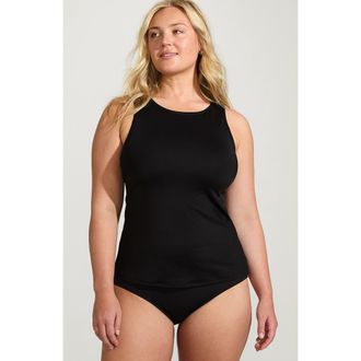 Lands End Plus Size DD-Cup High Neck UPF 50 Modest Tankini Swimsuit Top in Black at Nordstrom, Size 20W