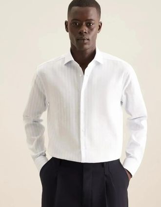 Seidensticker Seidensticker Mens Regular Fit No Iron Spread Kent Structured Stripe Business Shirt Light Blue - White - Size: 48/Regular