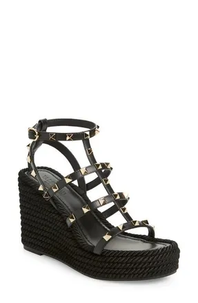 Valentino Garavani Rockstud Torchon Wedge Sandal in Nero at Nordstrom, Size 11Us