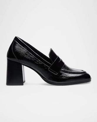 Stuart Weitzman 70mm Vera Crinkled Patent Leather Penny Loafer Pumps