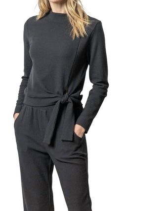 Lilla P Tie Waist Mock Neck Top In Black