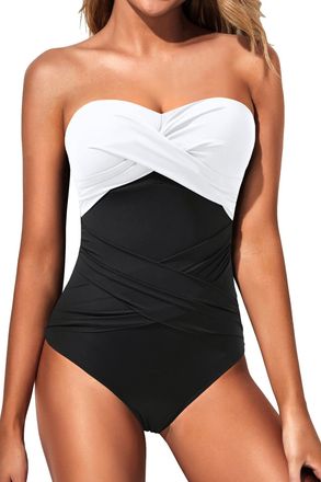 Holipick Women Strapless One Piece Swimsuits Tummy Control Bandeau Bathing Suits Retro Slimming Swimwear, White and Black, XL