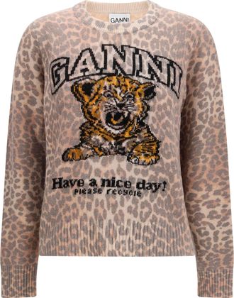 Ganni Womens Sweater Tiger-Print Almond Milk Merino Wool