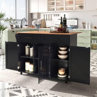 Merax Kitchen Island Trolley with Foldable Tabletop, Storage Cabinet Drawers in Black