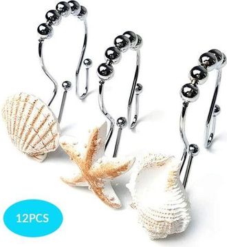 OEM Ganchos Decorativos Para Cortina De Ducha Con Dise&ntilde;o Marino, Resistentes Al &Oacute;xido, Anillas De Acero Inoxidable Con 5 Rodillos Deslizantes Para Ba&ntilde;o Y 