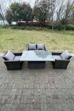 Fimous Rattan Outdoor Furniture Adjustable Rising Lifting Rectangle Dining Table Chairs 4 Seater in Dark Grey