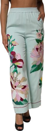 Dolce & Gabbana Womens Green Floral Garterized Straight Pajama Pants Silk Elastane