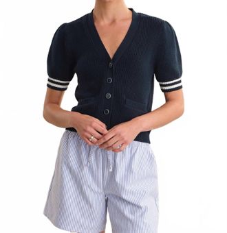 525 america Avalon Puff Sleeve Button Front Cardigan In Dark Blue