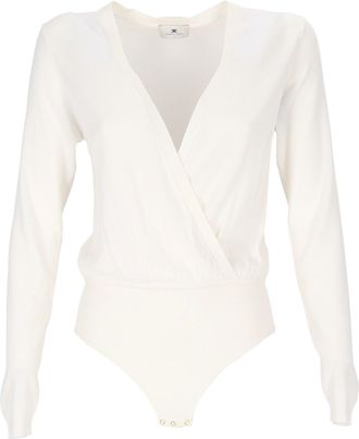 Elisabetta Franchi Long-Sleeved Bodysuit With Deep V-Neckline And Ribbed Texture