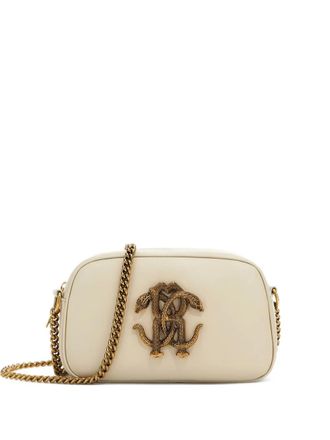 Roberto Cavalli Mirror Snake schoudertas met plakkaat - Beige