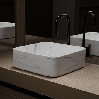 Aurlane Aurlane - Lavabo sobreponer Cuadrado de Cerámica Blanca Mate Efecto Mármol - 38x38x13 cm - white marble