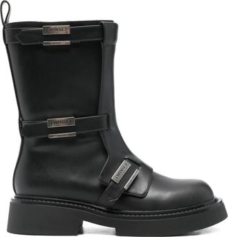 Twin-Set buckle strap boot - women - Leather/Rubber/Fabric - 38 - Black