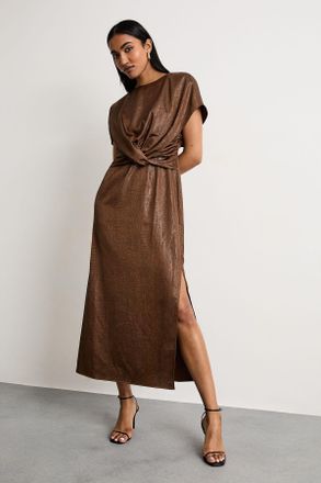 Warehouse Womens Leather Look Satin Twist Front Detail Midi Dress - Chocolate - Size 12 UK