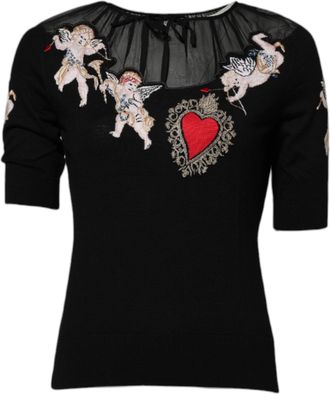 Dolce & Gabbana Womens Black Sacred Heart Embroidered Crewneck Top Virgin Wool Silk