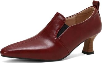 Generic Womens PU Leather Slip On Pumps Pointed Square Toe Elastic Panel Wooden Detail Heel Non Slip Durable Comfortable Daily Casual Shoes,Burgundy,6.5 UK