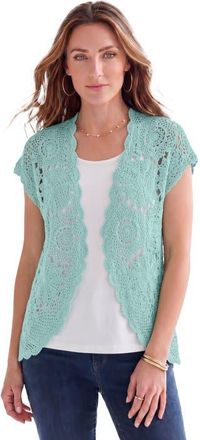 Roaman's Plus Size Scallop Trim Crochet Cardigan Sweater in Antique Mint at Nordstrom, Size 32