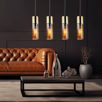 Globo Lighting Lampada A Sospensione Lampada Da Tavolo Da Pranzo In Ottone Lampada A Sospensione Lampada Da Soggiorno In Vetro Ambrato, 4x E27, Lxh 80x156 Cm
